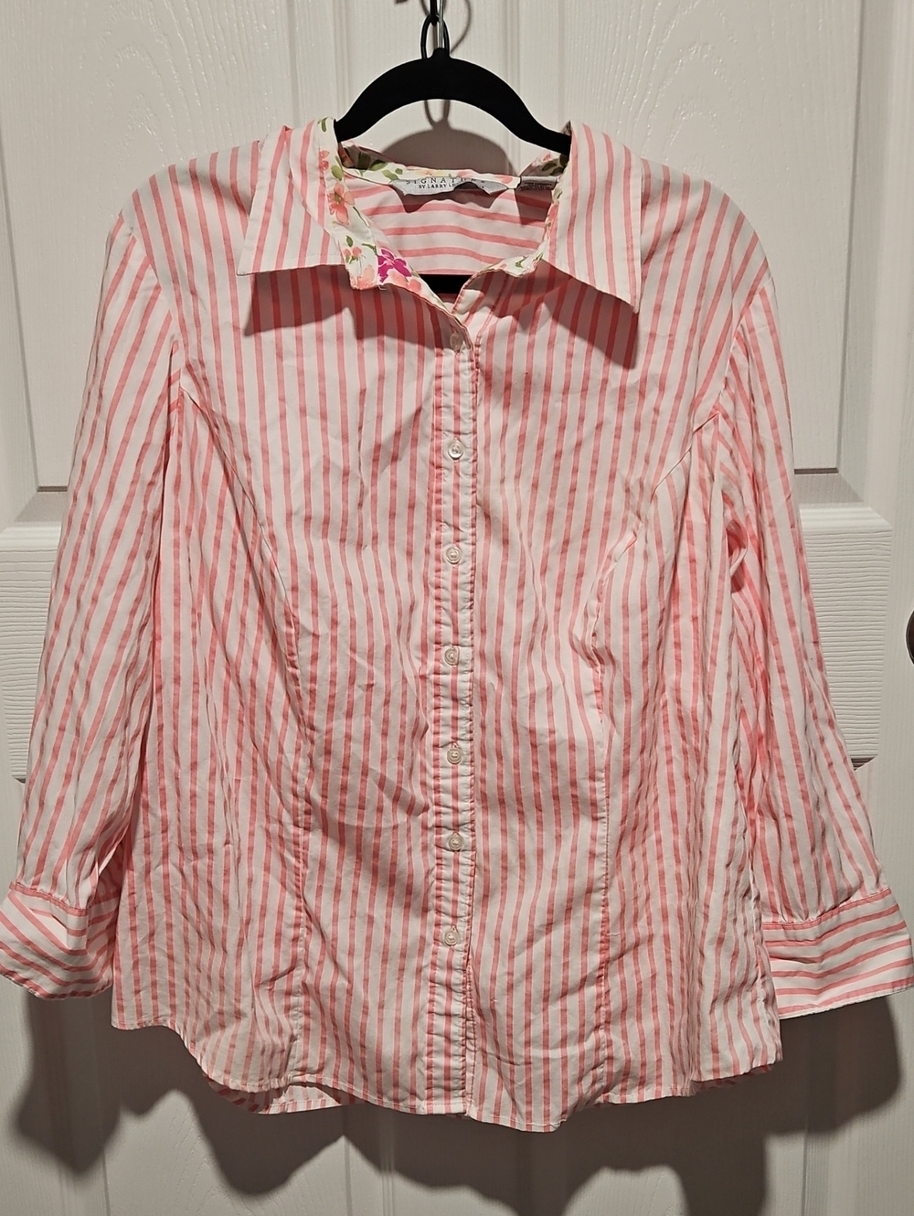 Signature by Larry Levine Pink and White Striped Floral Blouse